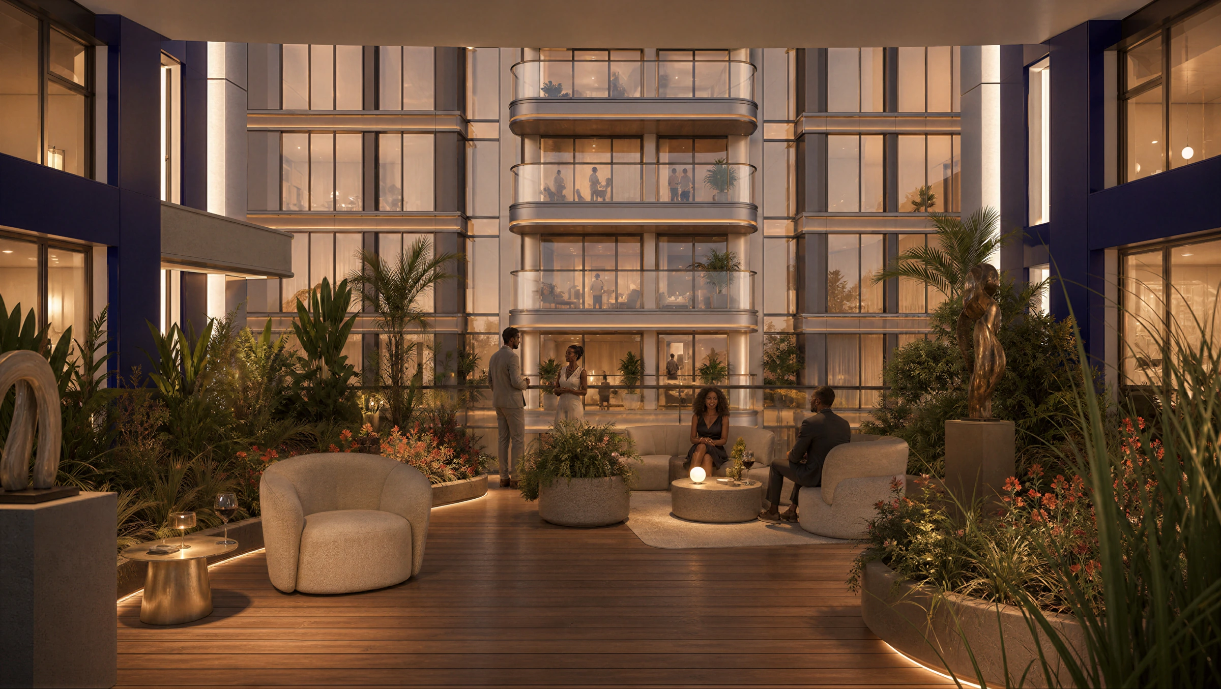 Stellar Bay garden courtyard at dusk